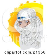 Blue Eyed Muslim Woman Covered In A White Headscarf Over A Yellow Starry Background