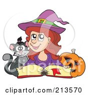 Poster, Art Print Of Cute Halloween Witch In Purple Reading A Spell Book With A Cat