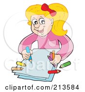 Royalty Free RF Clipart Illustration Of A Blond Girl Coloring With Crayons