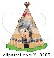 Happy Native American Boy Peeking Out Of A Tepee
