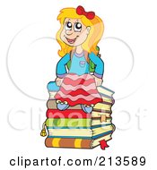 Poster, Art Print Of Blond School Girl Sitting On Books