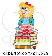 Royalty Free RF Clipart Illustration Of A Blond School Girl Sitting On Books