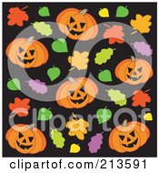 Royalty Free RF Clipart Illustration Of A Background Of Evil Jackolanterns And Autumn Leaves On Black