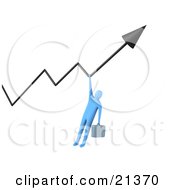 Blue Businessman With A Briefcases Hanging Onto An Arrow That Is Going Upwards by 3poD