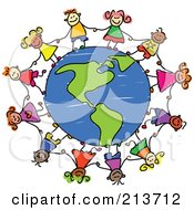Poster, Art Print Of Childs Sketch Of Children Holding Hands Around An American Globe
