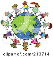 Poster, Art Print Of Childs Sketch Of Children Holding Hands Around An Asian Globe