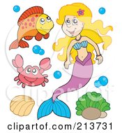 Digital Collage Of A Blond Mermaid With A Fish Crab And Shell