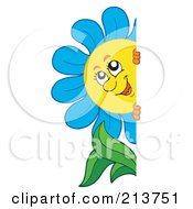Poster, Art Print Of Happy Blue Flower Looking Around A Blank Sign