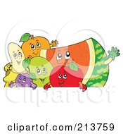 Group Of Happy Fruit Over A Blank Sign