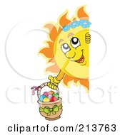 Poster, Art Print Of Happy Summer Sun Holding An Easter Basket And Looking Around A Blank Sign