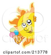 Poster, Art Print Of Happy Summer Sun Holding An Ice Cream Cone And Looking Around A Blank Sign