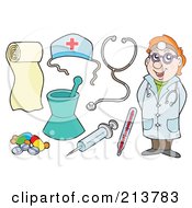 Poster, Art Print Of Digital Collage Of A Friendly Doctor And Medical Items