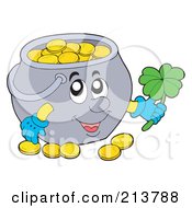 Poster, Art Print Of Happy Pot Of Gold Coins Holding A Shamrock