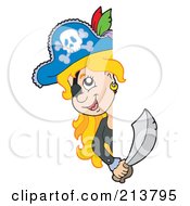 Poster, Art Print Of Blond Female Pirate Looking Around A Blank Sign