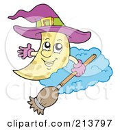Royalty Free RF Clipart Illustration Of A Crescent Moon Wearing A Witch Hat And Holding A Broom by visekart