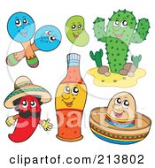 Royalty Free RF Clipart Illustration Of A Digital Collage Of Maracas A Bean Cactus Chili Pepper Hot Sauce And Sombrero Characters