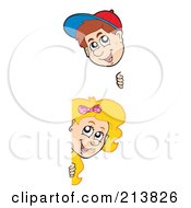 Poster, Art Print Of Digital Collage Of A Boy And Girl Peeking Around Blank Signs