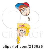 Royalty Free RF Clipart Illustration Of A Digital Collage Of A Boy And Girl Peeking Around Blank Signs