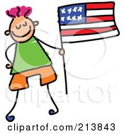 Poster, Art Print Of Childs Sketch Of Little Boy With An American Flag