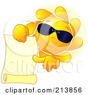 Poster, Art Print Of Sun Face Wearing Shades And Pointing To A Blank Scroll