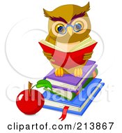 Poster, Art Print Of Cute Owl Reading On A Stack Of Books By An Apple