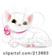 Poster, Art Print Of Resting White Kitten With A Pink Ribbon Collar