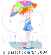 Poster, Art Print Of Little Girl In A Puddle Under An Umbrella On A Rainy Day