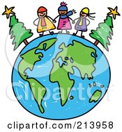 Poster, Art Print Of Childs Sketch Of Happy Winter Children On A Globe