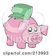 Poster, Art Print Of Happy Piggy Bank With Green Cash In The Slot
