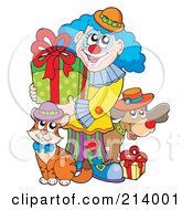 Poster, Art Print Of Party Clown With A Dog And Cat Carrying A Birthday Gift