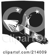 Woodcut Styled Man Standing On A Rocket Shooting Through A Starry Sky