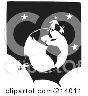 Royalty Free RF Clipart Illustration Of A Woodcut Styled Family On A Globe Over A Starry Sky by xunantunich