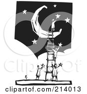Royalty Free RF Clipart Illustration Of A Woodcut Styled Team With A Ladder Up To A Crescent Moon Applying Stars In The Sky by xunantunich #COLLC214013-0119