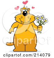 Big Orange Cat With Hearts Holding Flowers