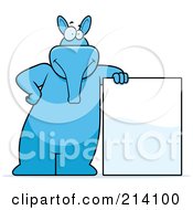 Big Blue Aardvark Leaning On A Blank Sign