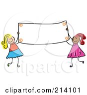 Poster, Art Print Of Childs Sketch Of Girls Holding A Blank Banner