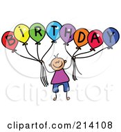 Poster, Art Print Of Childs Sketch Of A Boy Holding Balloons Spelling Birthday