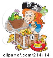 Poster, Art Print Of Female Pirate Opening A Treasure Chest
