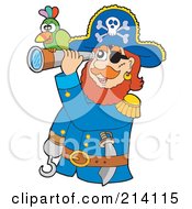 Royalty Free RF Clipart Illustration Of A Hook Handed Pirate Viewing Through A Telescope