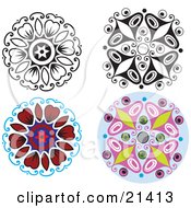 Collection Of Four Floral And Butterfly Designs With Color And Black And White Versions