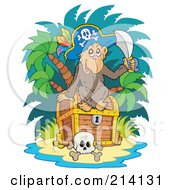 Poster, Art Print Of Monkey Pirate Sitting On A Treasure Chest On A Beach