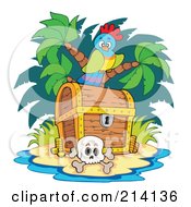 Poster, Art Print Of Parrot And Skull By A Treasure Chest On A Beach
