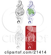 Clipart Illustration Of A Collection Of Four Floral Scrolls With A Flower In The Center
