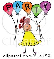 Royalty Free RF Clipart Illustration Of A Childs Sketch Of A Girl Holding Balloons Spelling Party