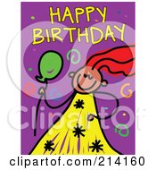 Poster, Art Print Of Childs Sketch Of A Girl With Happy Birthday Text And Spirals