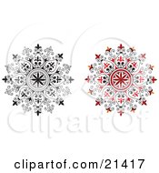 Two Ornamental Circular Designs With Floral Accents One Red One In Black And White Over A White Background