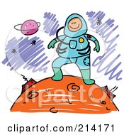 Royalty Free RF Clipart Illustration Of A Childs Sketch Of An Astronaut On A Planet by Prawny
