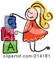 Poster, Art Print Of Childs Sketch Of A Girl Stacking Letter Blocks