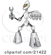 Clipart Illustration Of A Metal Robot Holding A Wrench Ready To Make Repairs Over A White Background