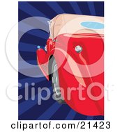 Clipart Illustration Of A Shiny Red Vintage Convertible Car Parked Against A Striped Blue Retro Revival Background